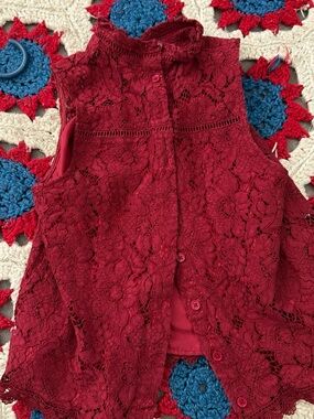 Sleeveless Red Lace Button-Front Top